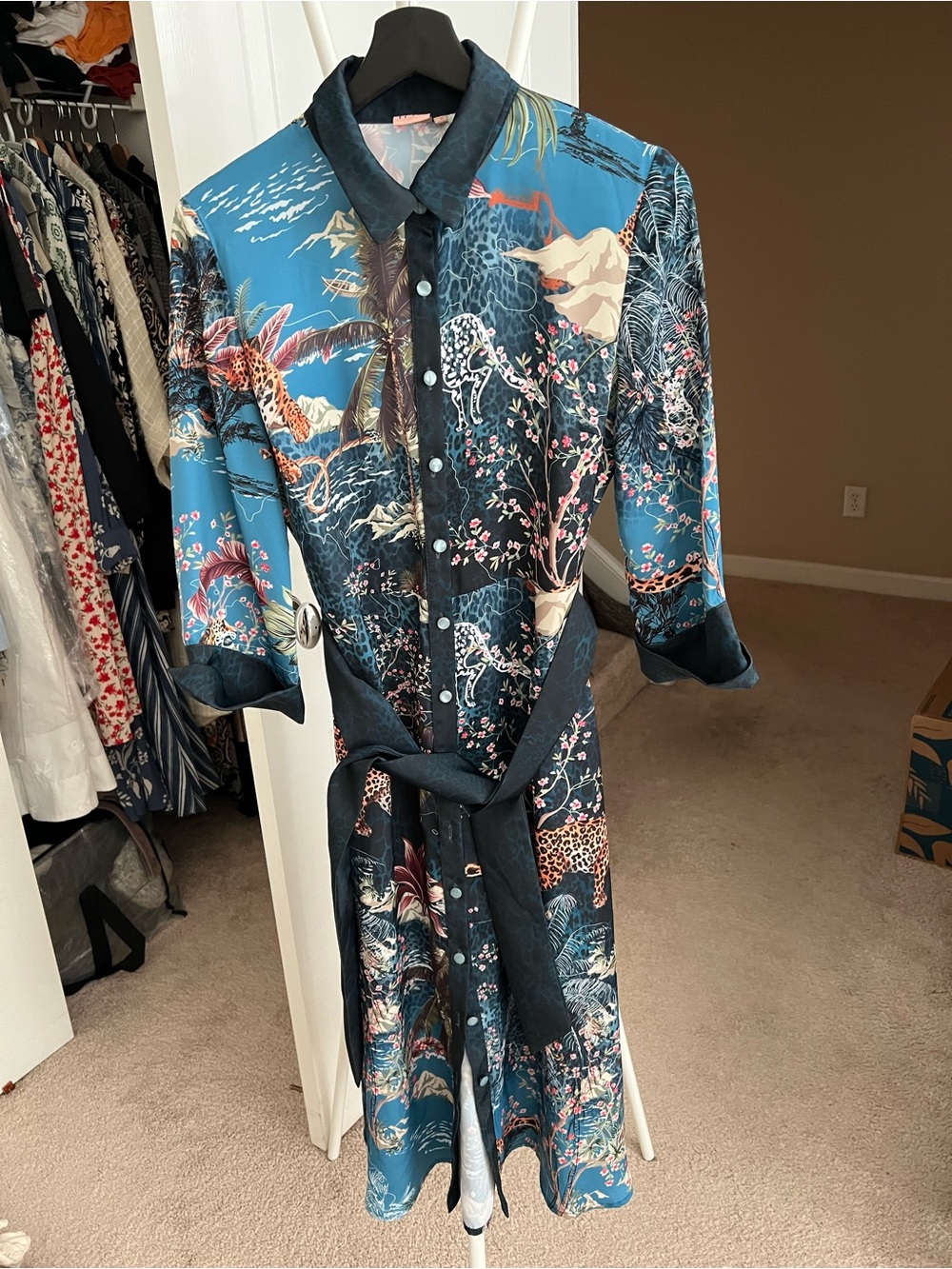 iris Teal Botanical & Animal Print Midi Shirt Dress